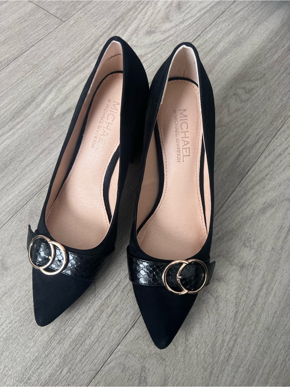 MICHAEL by Michael Shannon Black Pointed Toe Suede Pump with Gold Buckle Size 8